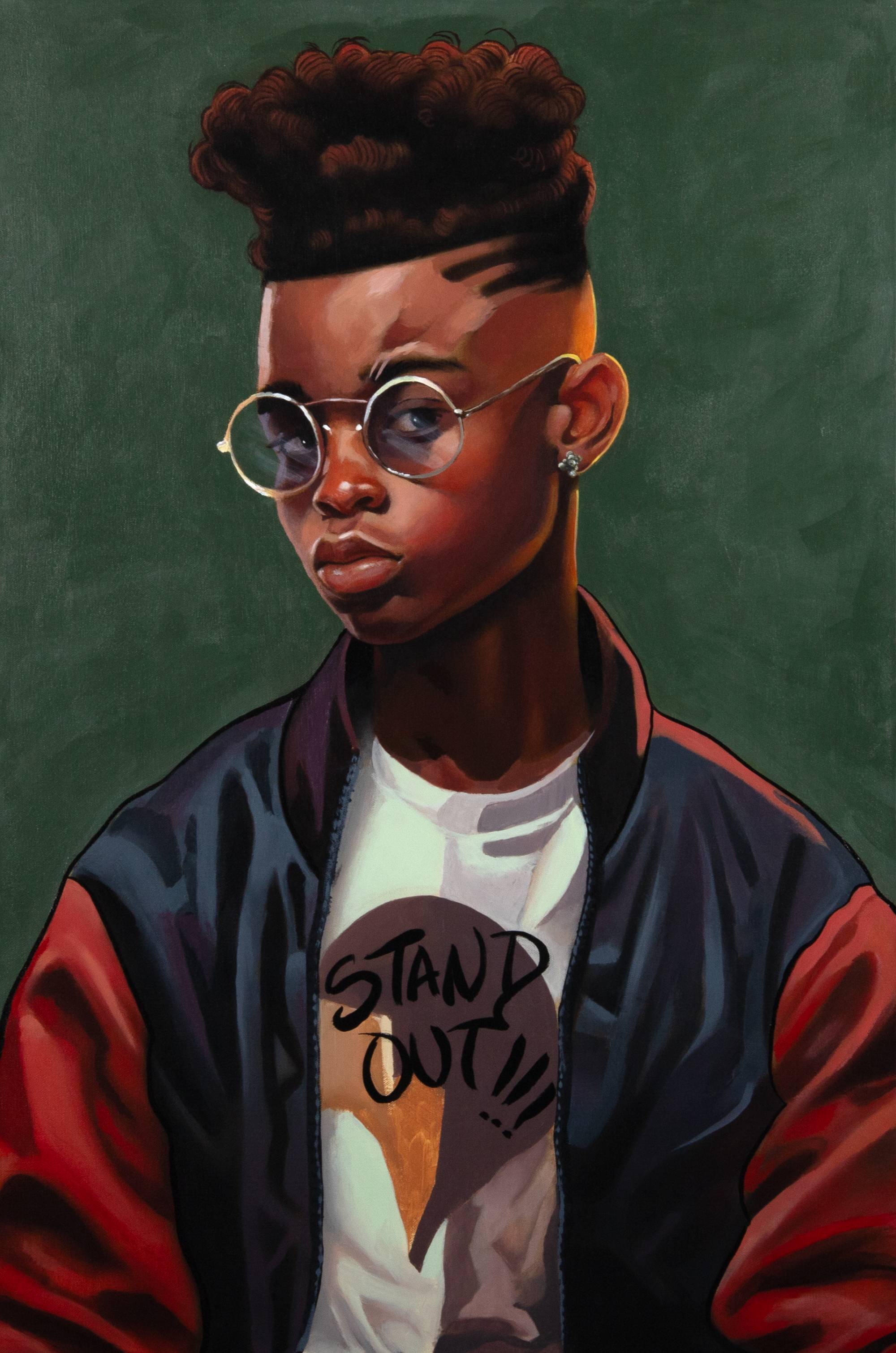 Painted portrait of a young boy with glasses wearing a tshirt that says Stand Out!